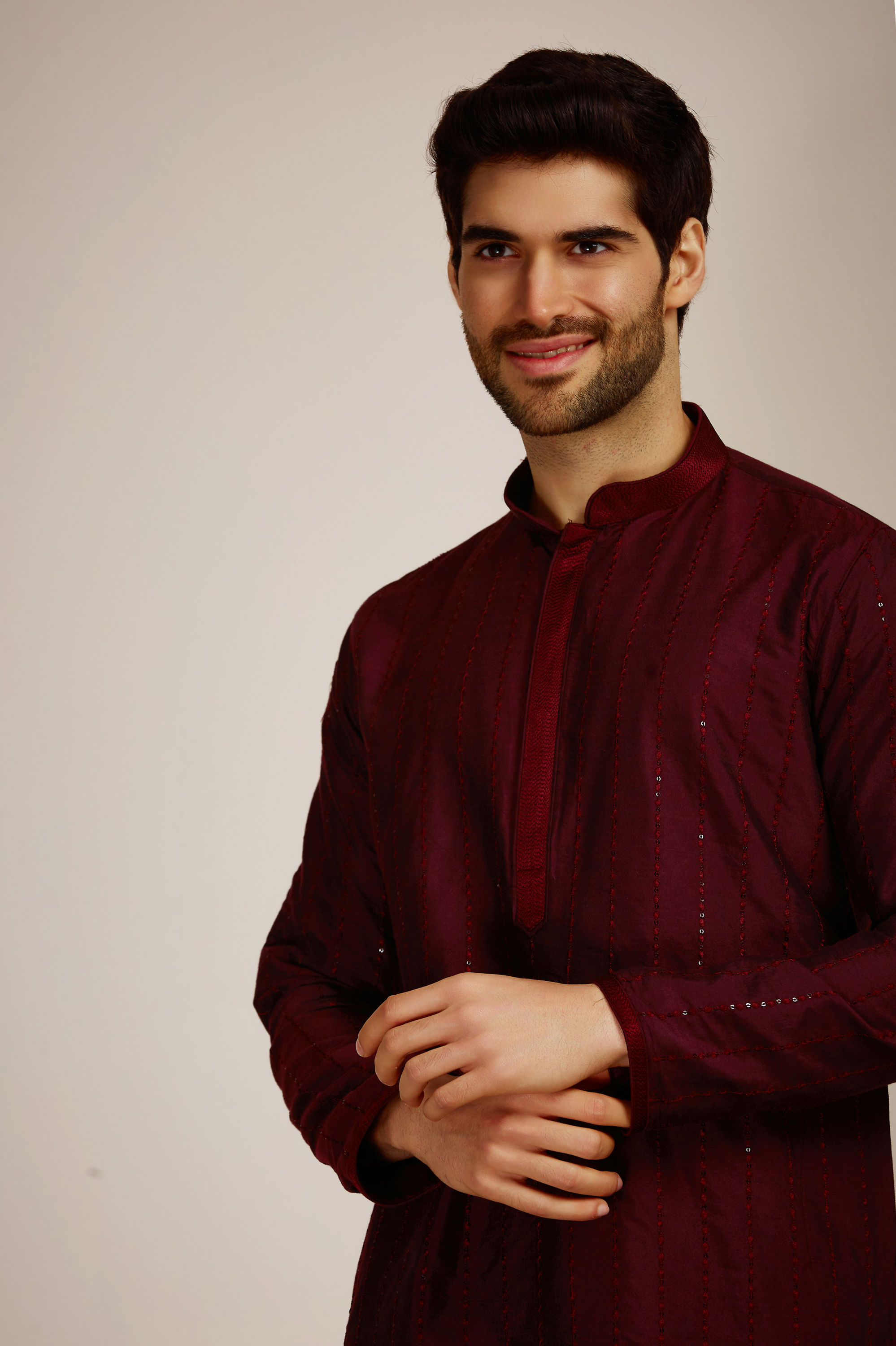 Manyavar Men Wine Red Kurta Set