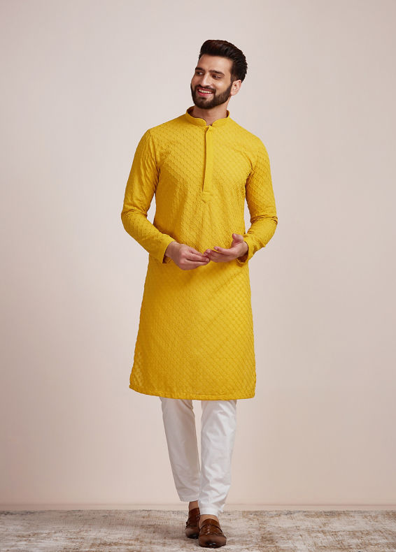 Manyavar Men Light Orange Embroidered Chikankari Kurta Set