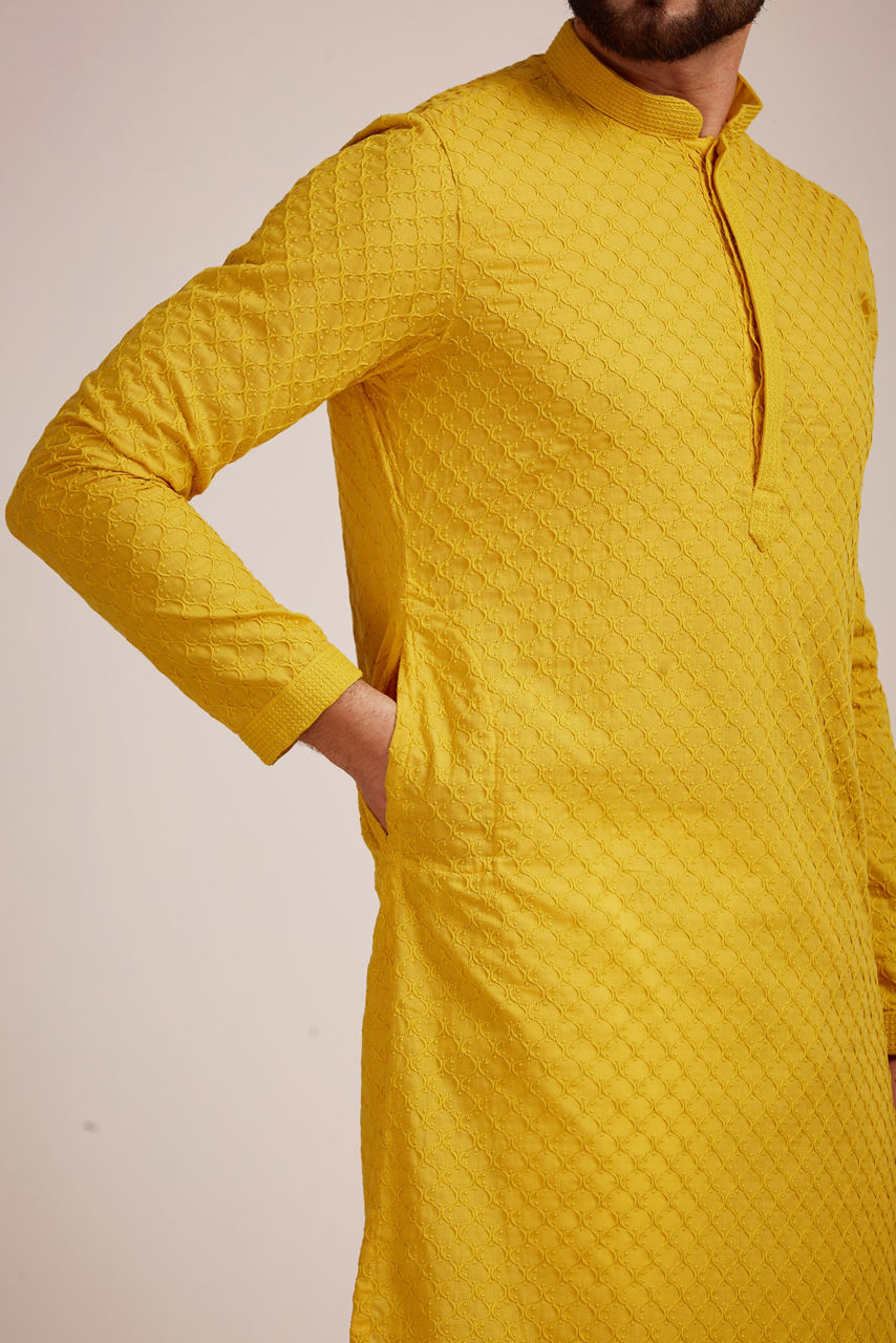 Manyavar Men Light Orange Embroidered Chikankari Kurta Set