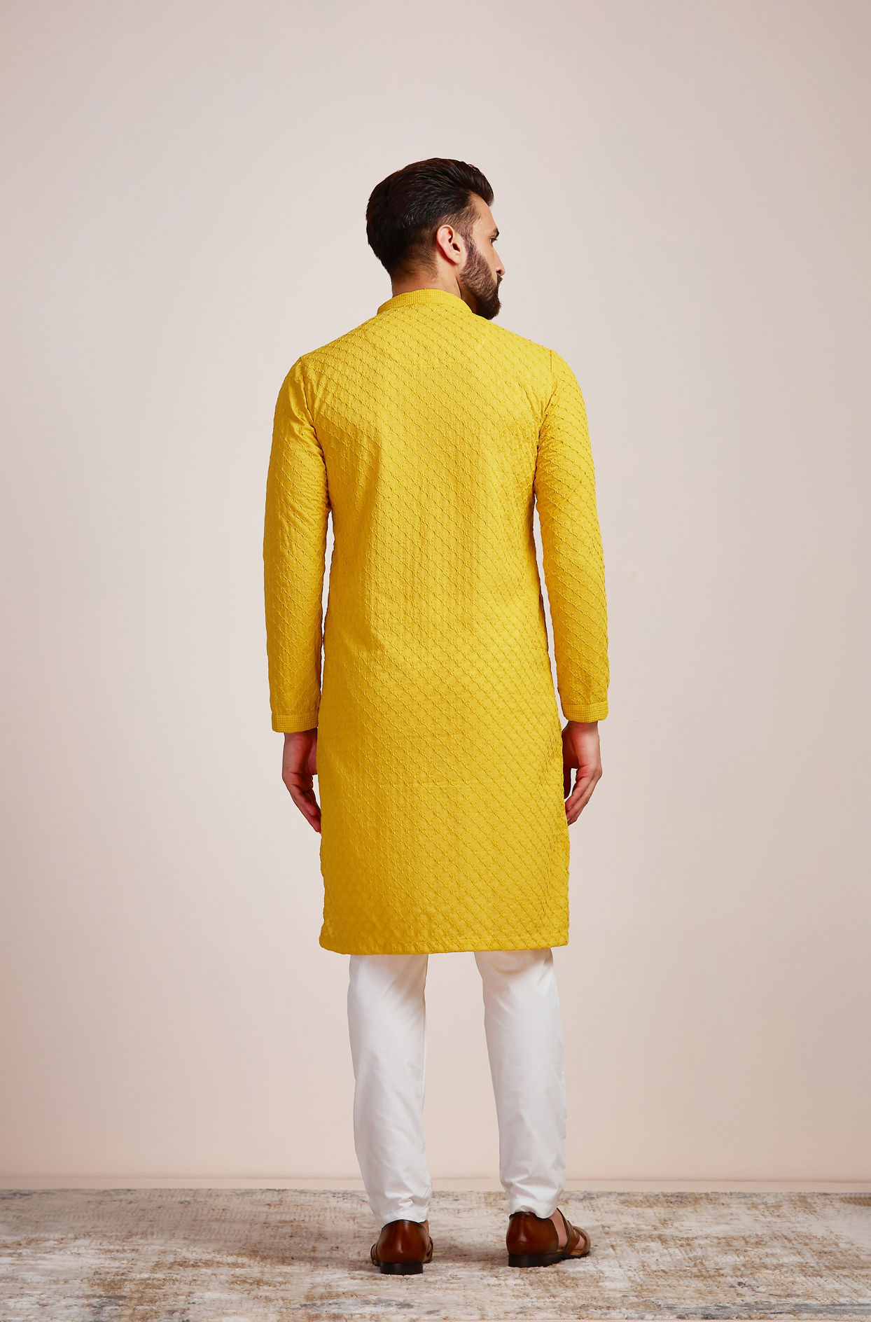 Manyavar Men Light Orange Embroidered Chikankari Kurta Set
