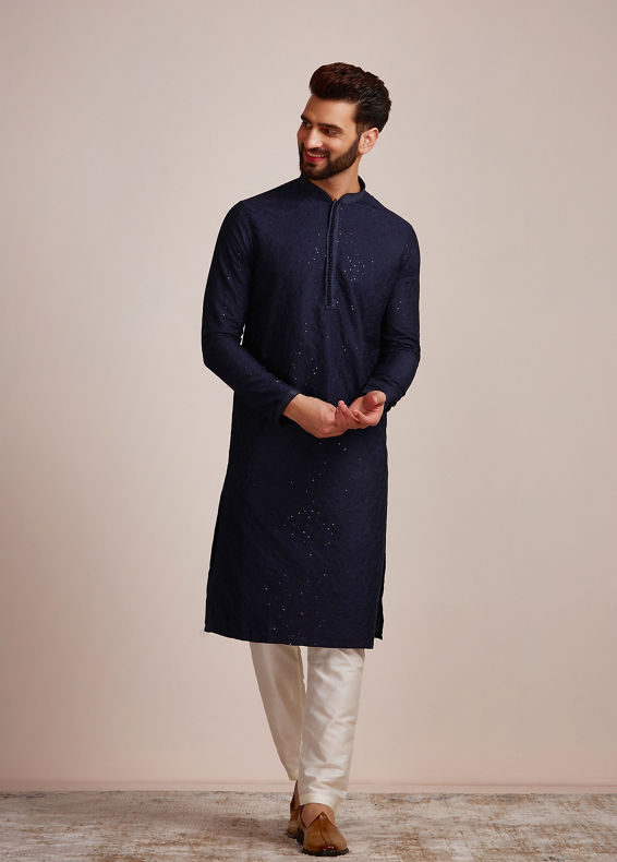 Manyavar Men Navy Blue Sequined Kurta Set
