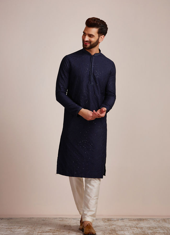 alt message - Manyavar Men Navy Blue Sequined Kurta Set image number 1