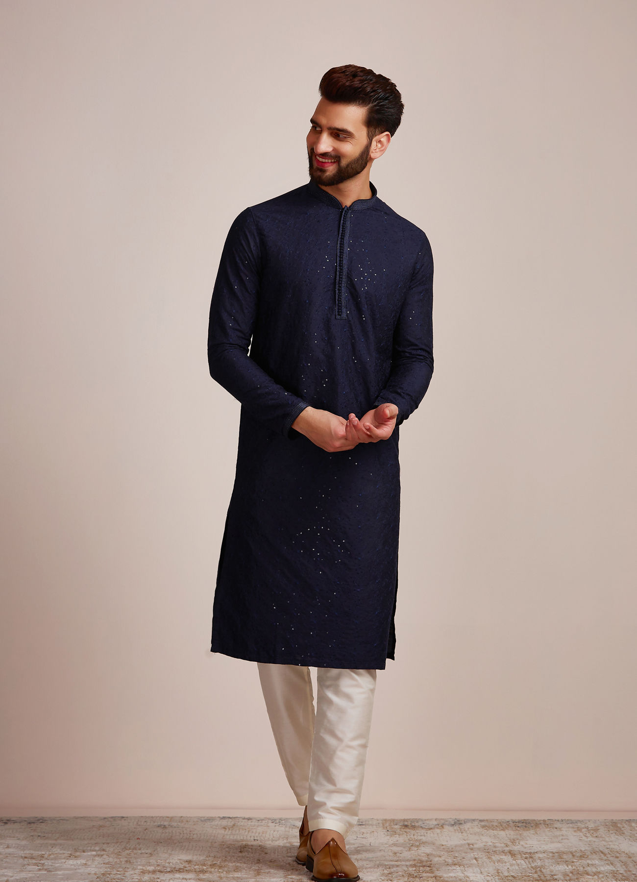 Manyavar Men Navy Blue Sequined Kurta Set