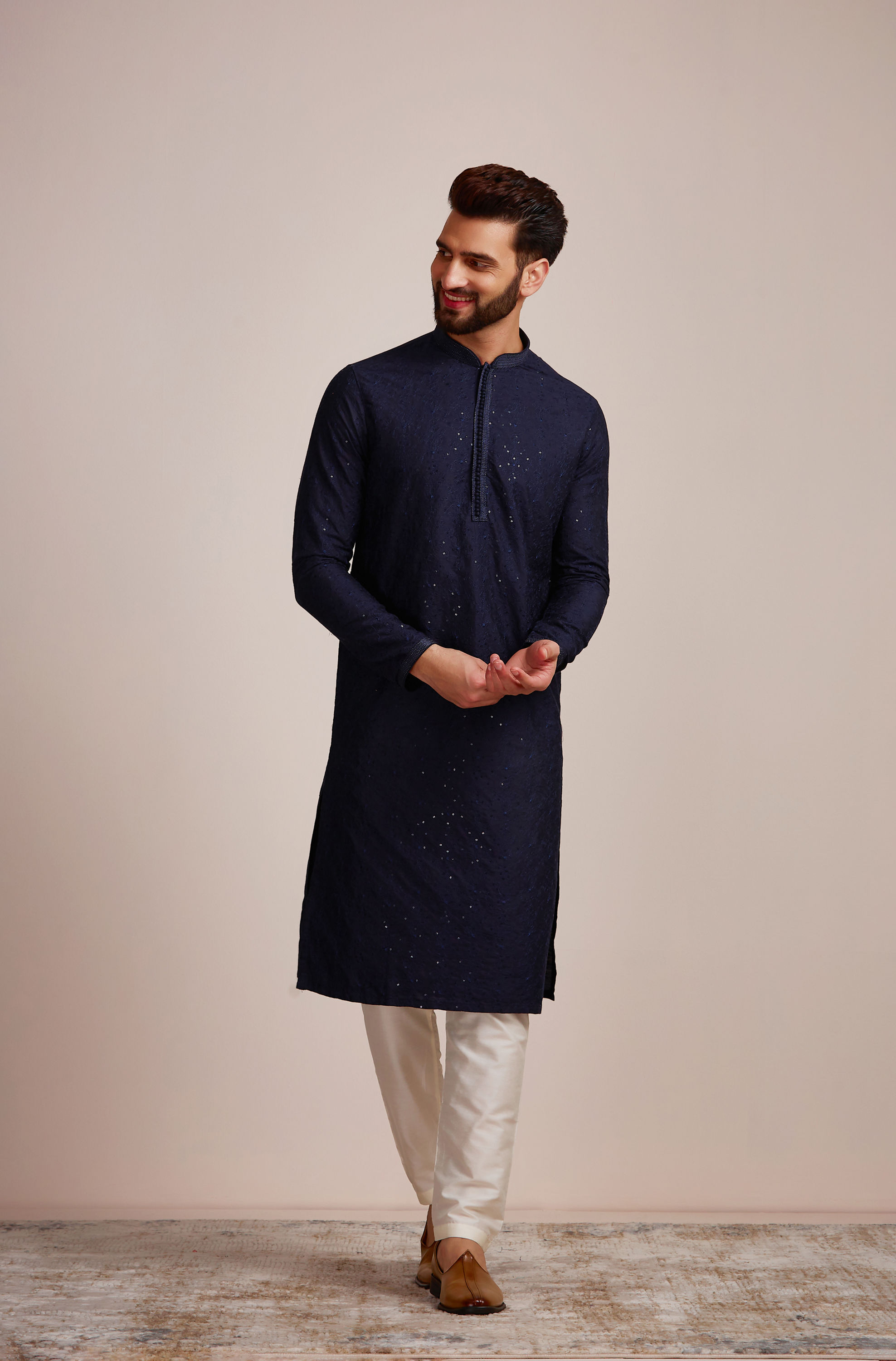 Manyavar Men Navy Blue Sequined Kurta Set