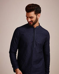 Manyavar Men Navy Blue Sequined Kurta Set