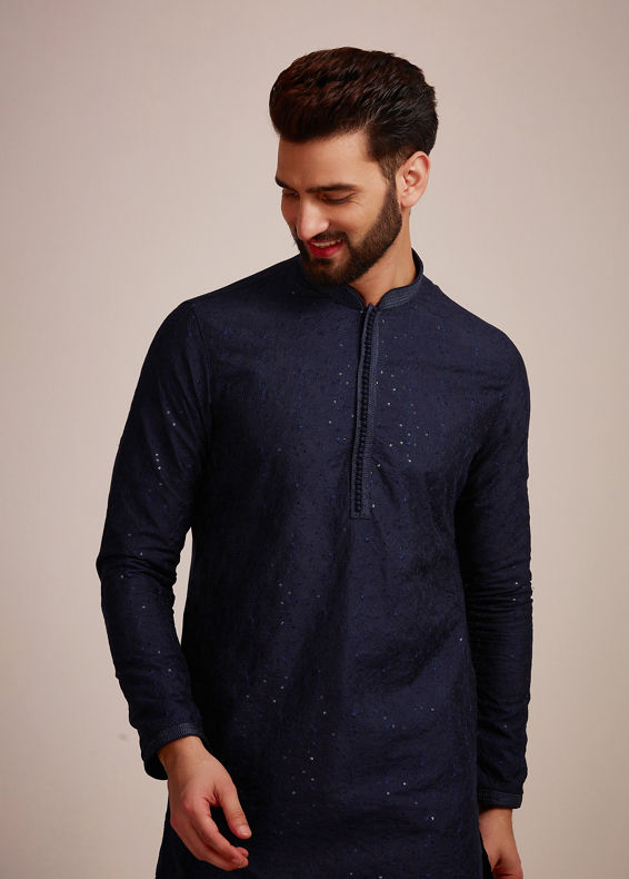 Manyavar Men Navy Blue Sequined Kurta Set