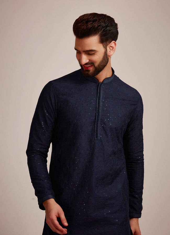 alt message - Manyavar Men Navy Blue Sequined Kurta Set image number 0