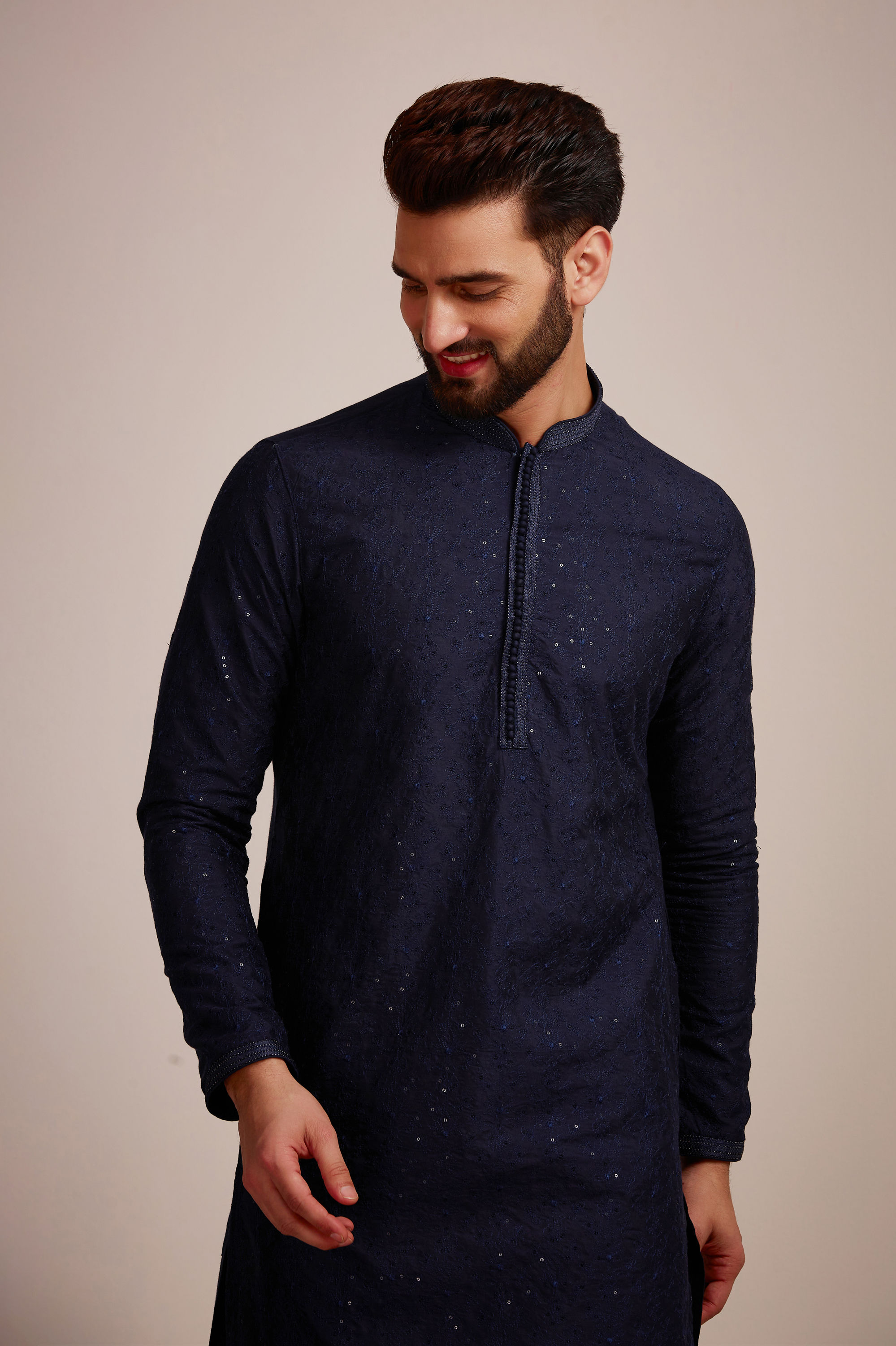 Manyavar Men Navy Blue Sequined Kurta Set