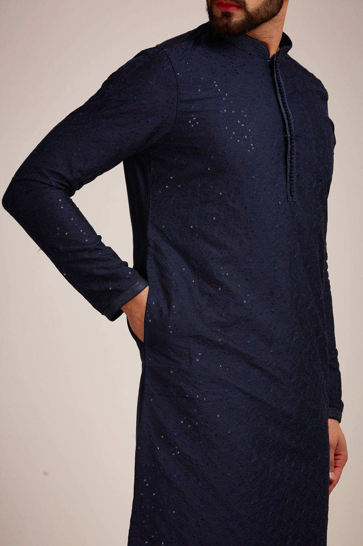 Manyavar Men Navy Blue Sequined Kurta Set
