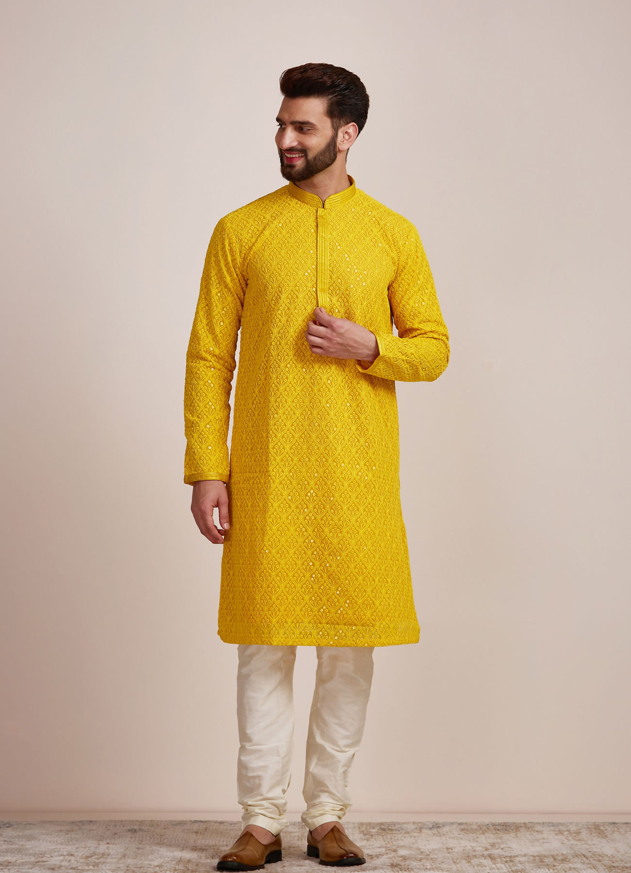 Manyavar Men Mustard Yellow Kurta Set