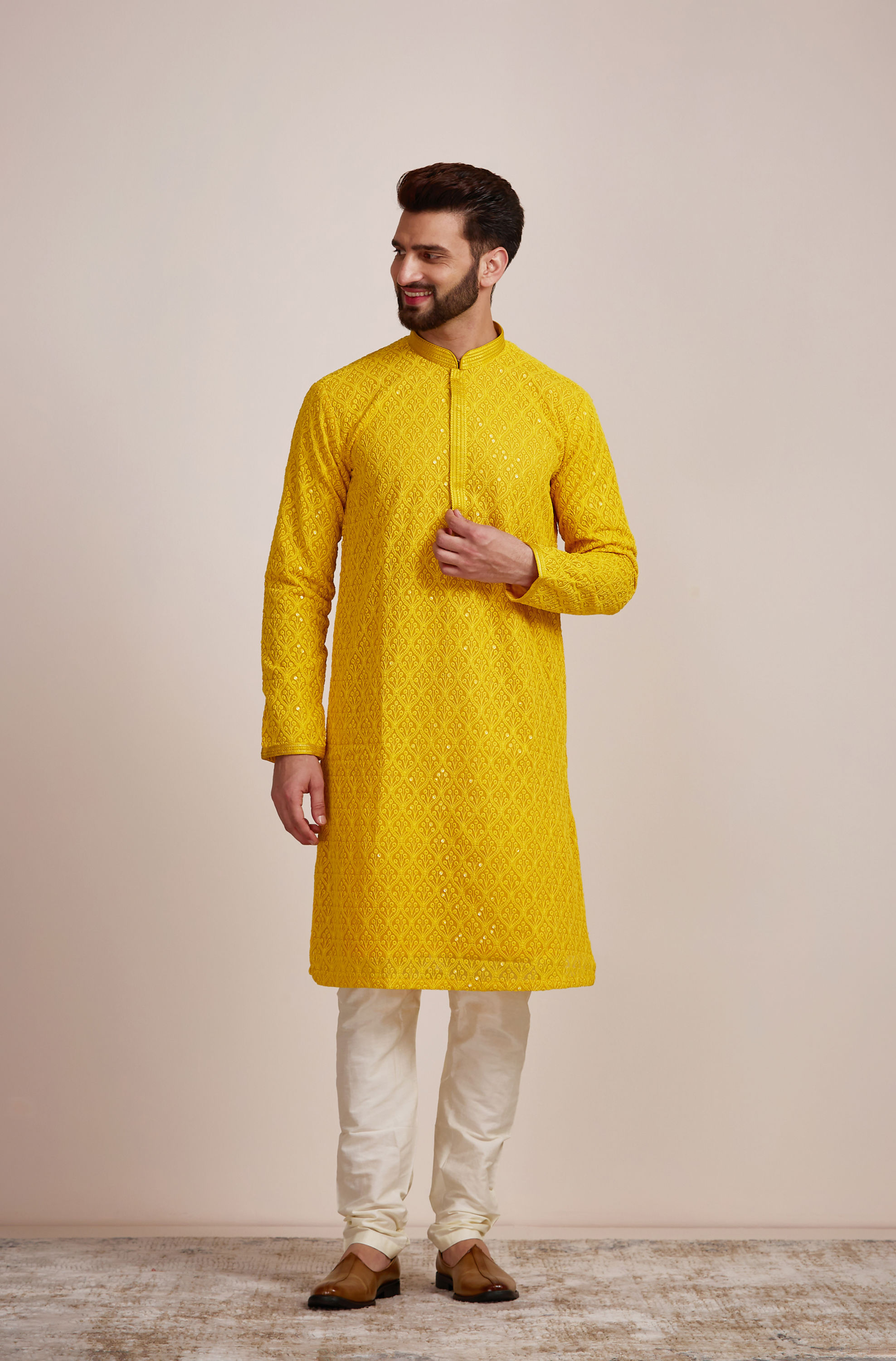 Manyavar Men Mustard Yellow Kurta Set