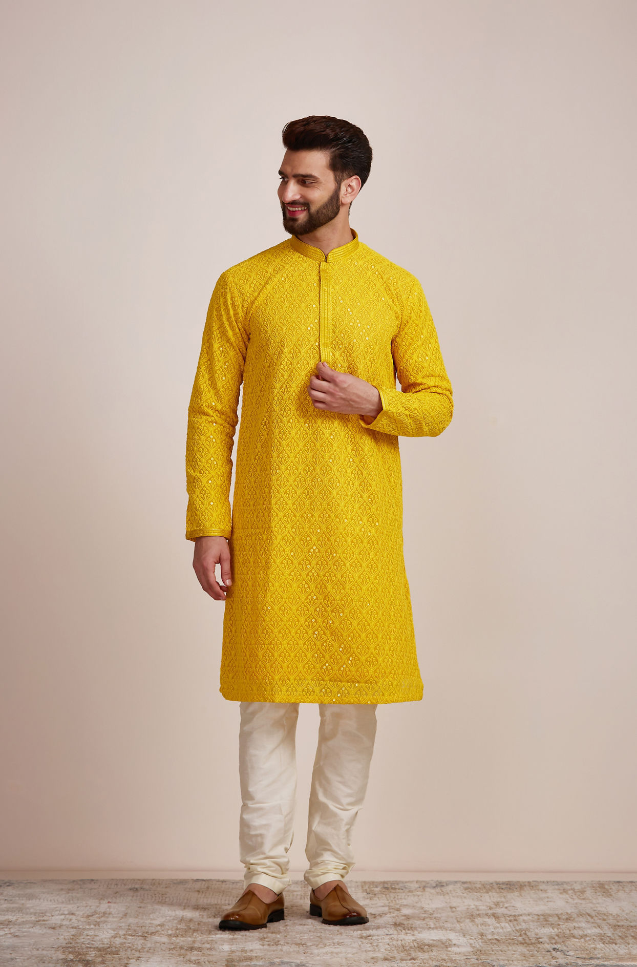 alt message - Manyavar Men Mustard Yellow Kurta Set image number 1