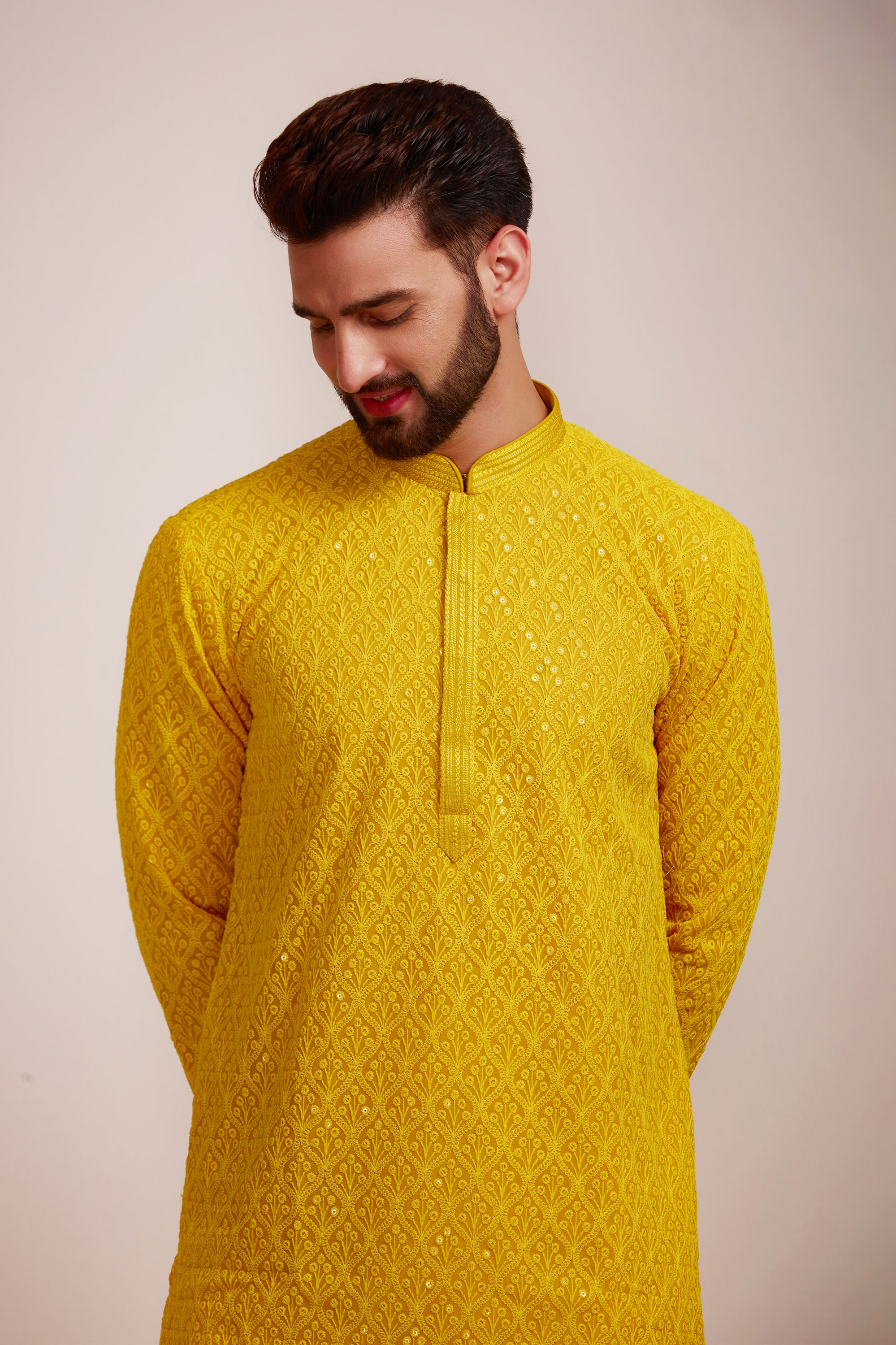 Manyavar Men Mustard Yellow Kurta Set