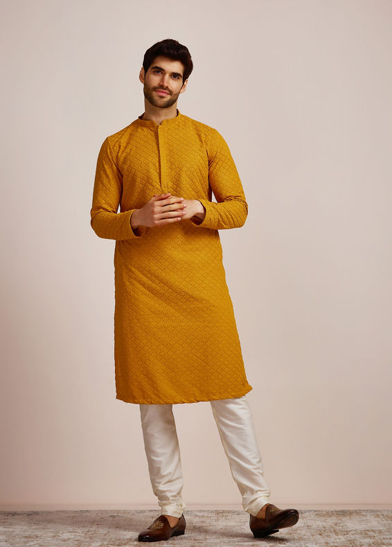 Manyavar Men Mustard Yellow Embroidered Kurta Set