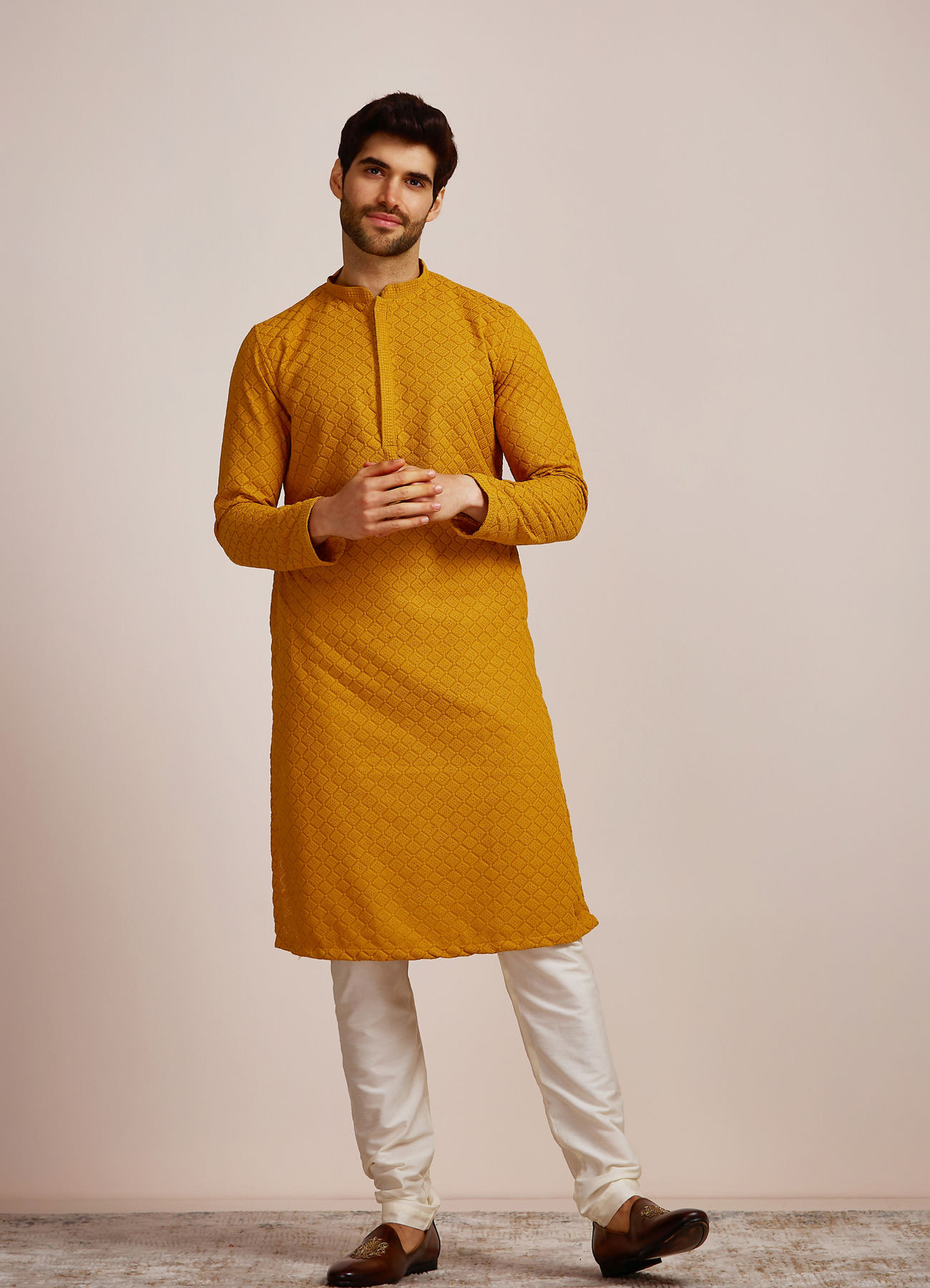 Manyavar Men Mustard Yellow Embroidered Kurta Set