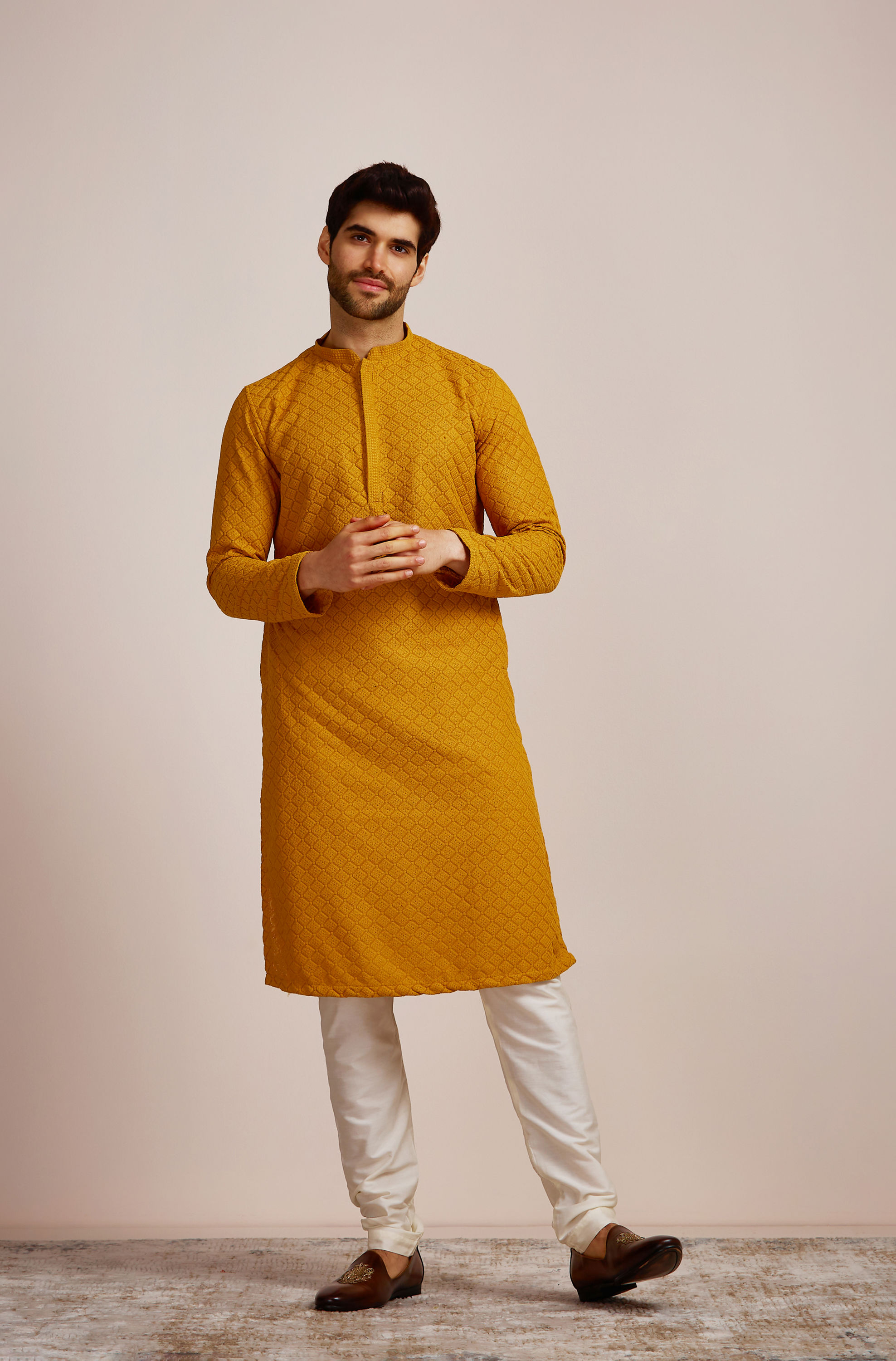 Manyavar Men Mustard Yellow Embroidered Kurta Set