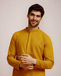 Manyavar Men Mustard Yellow Embroidered Kurta Set