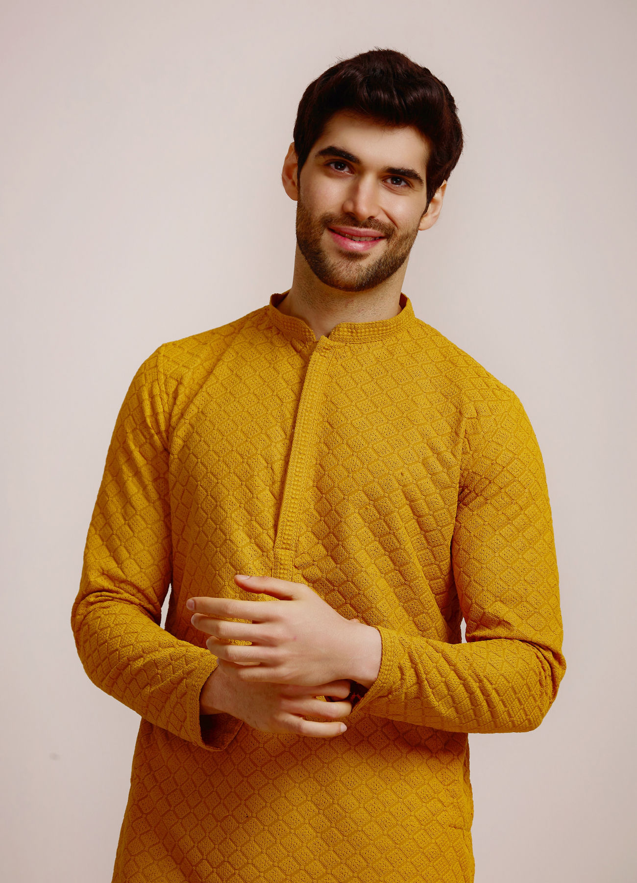 Manyavar Men Mustard Yellow Embroidered Kurta Set