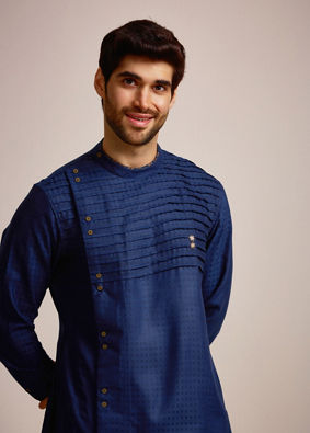 alt message - Manyavar Men Sophisticated Blue Chequred Kurta  image number 0