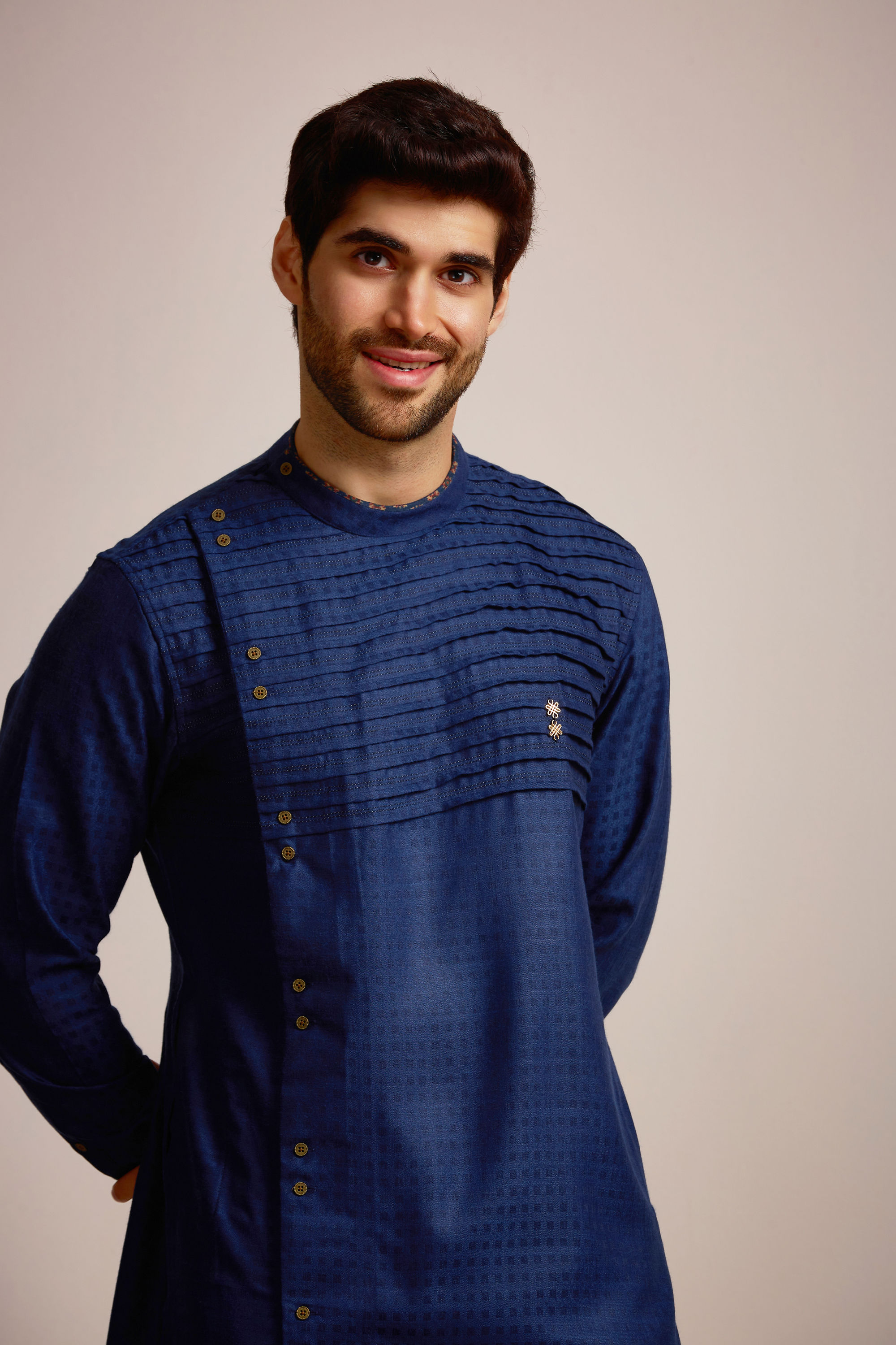 Manyavar Men Sophisticated Blue Chequred Kurta 