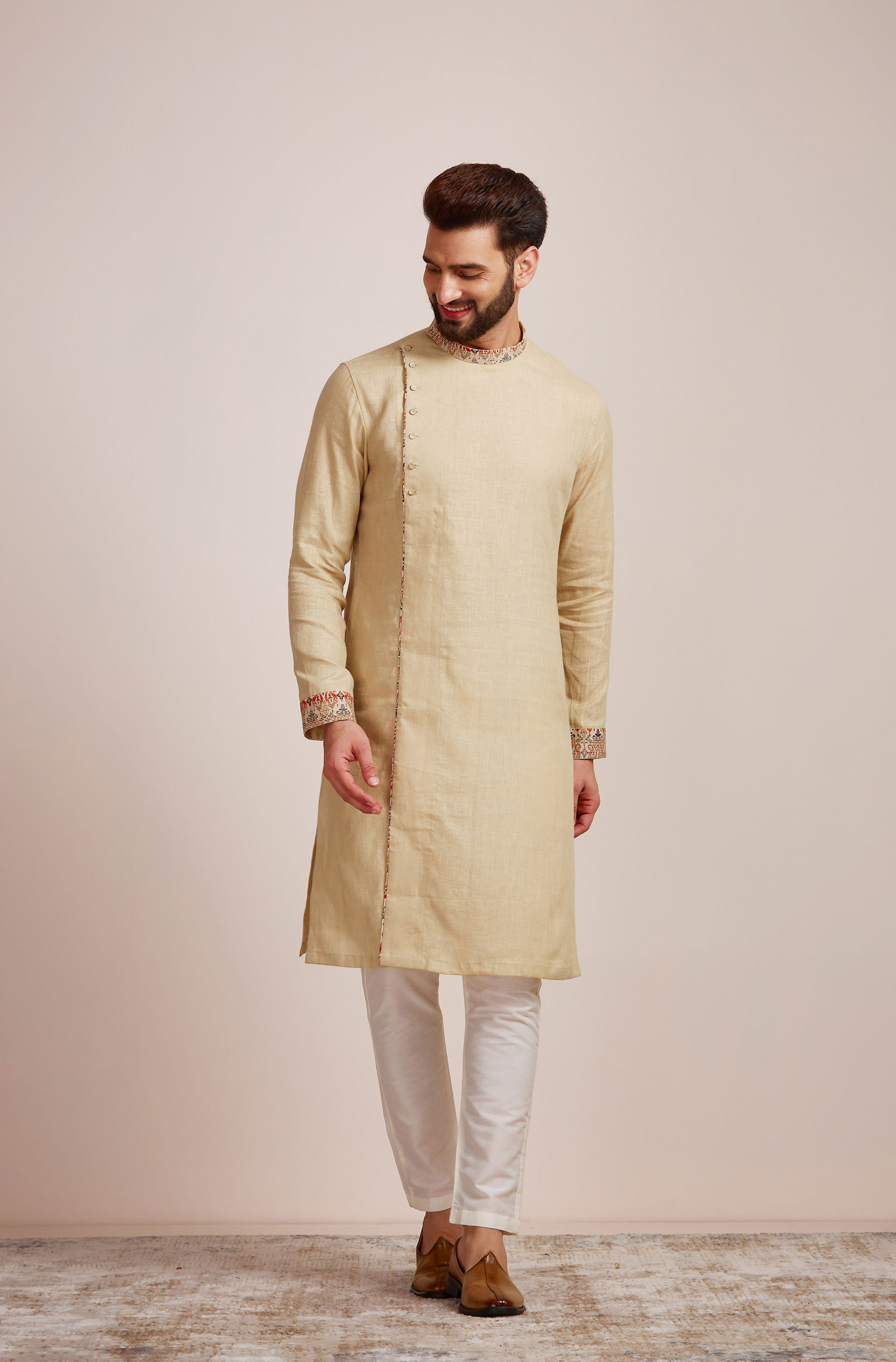 Manyavar Men Biscuit Kurta With Designed Collar 