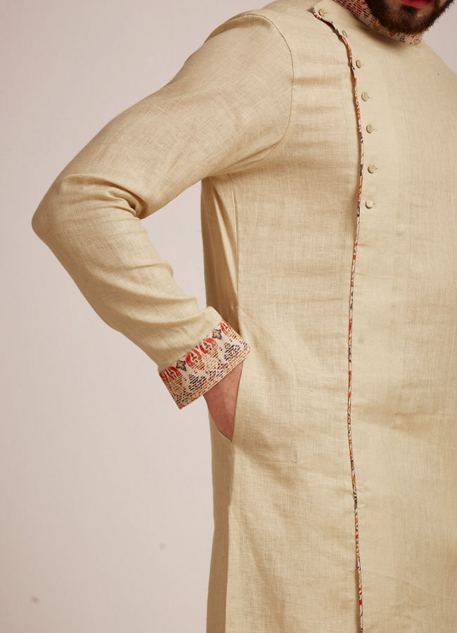 Manyavar Men Biscuit Kurta With Designed Collar 