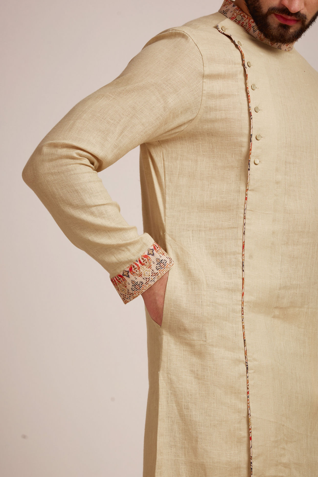 alt message - Manyavar Men Biscuit Kurta With Designed Collar  image number 2