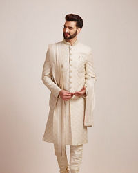 Manyavar Men Beige Biscuit Patterned Sherwani Set