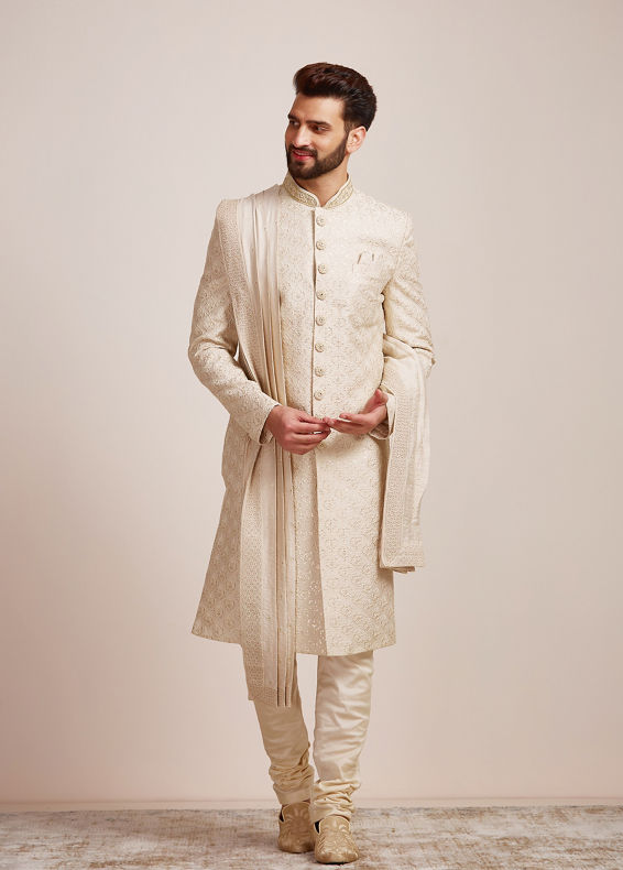 Manyavar Men Beige Biscuit Patterned Sherwani Set