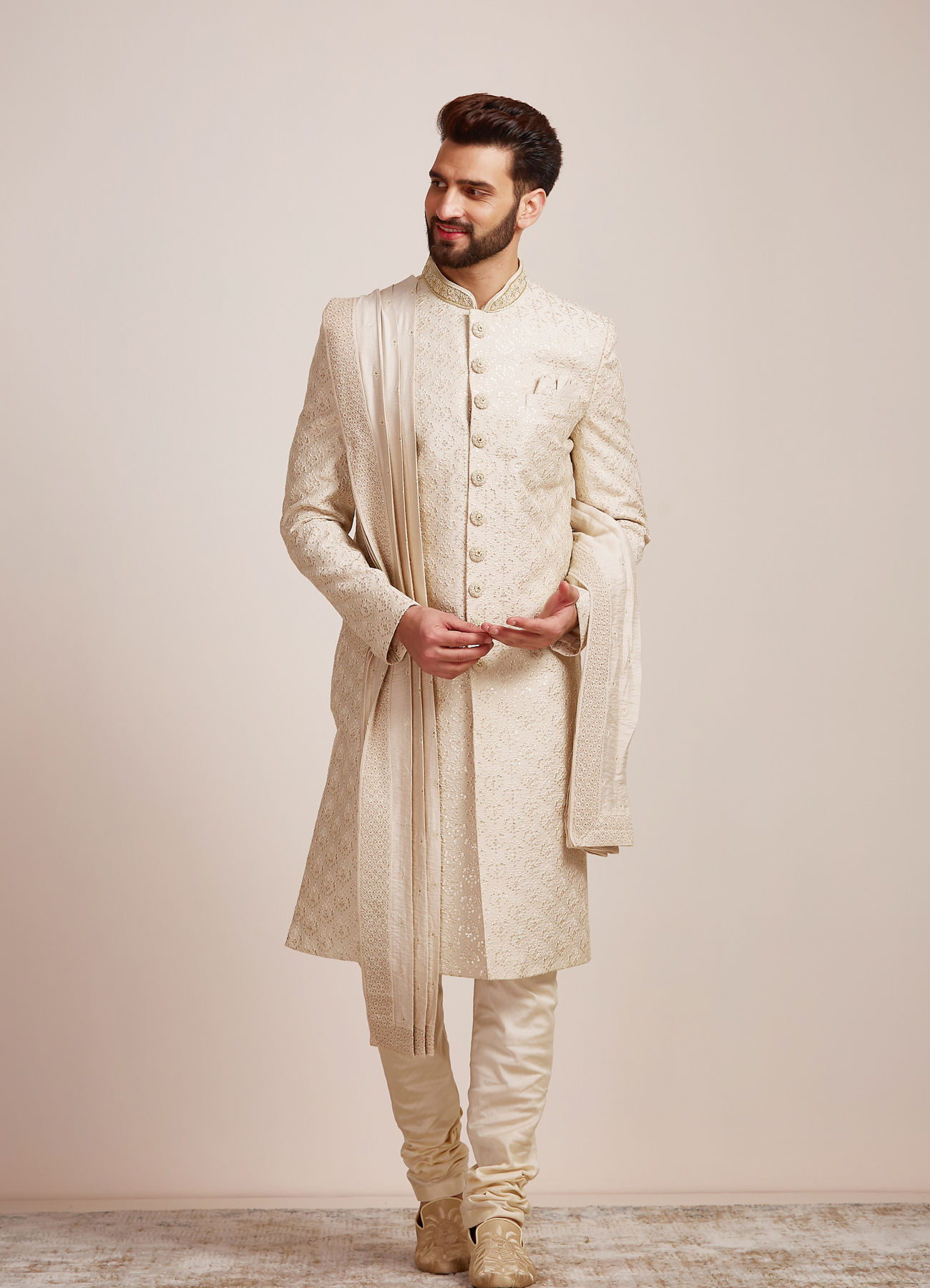 Manyavar Men Beige Biscuit Patterned Sherwani Set