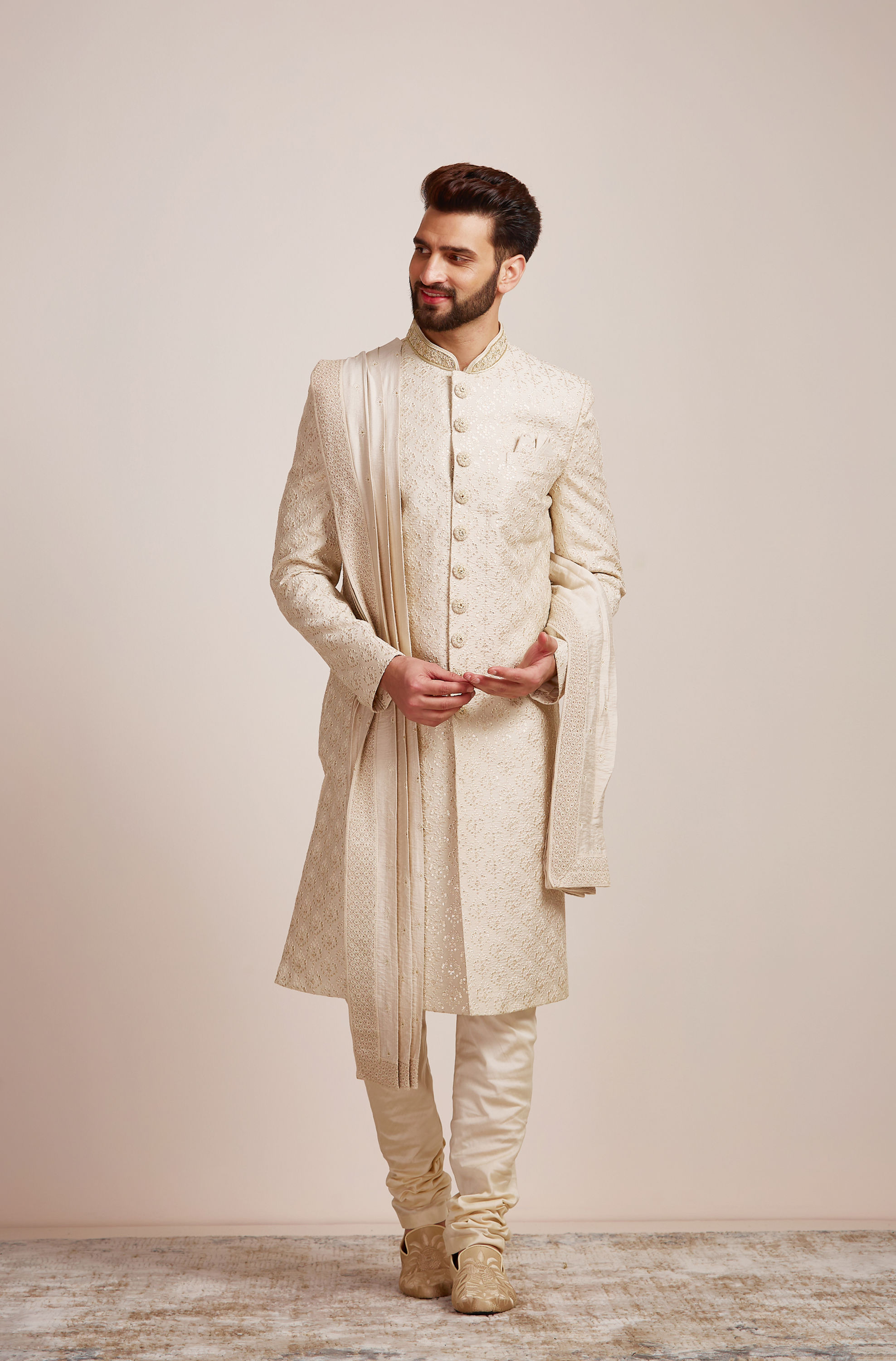 Manyavar Men Beige Biscuit Patterned Sherwani Set