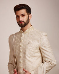 Manyavar Men Beige Biscuit Patterned Sherwani Set