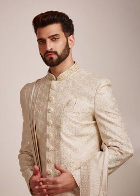 alt message - Manyavar Men Beige Biscuit Patterned Sherwani Set image number 0