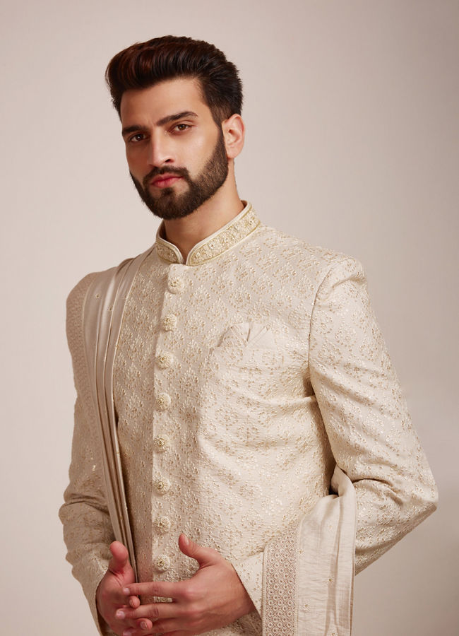 Beige Biscuit Patterned Sherwani Set image number 0