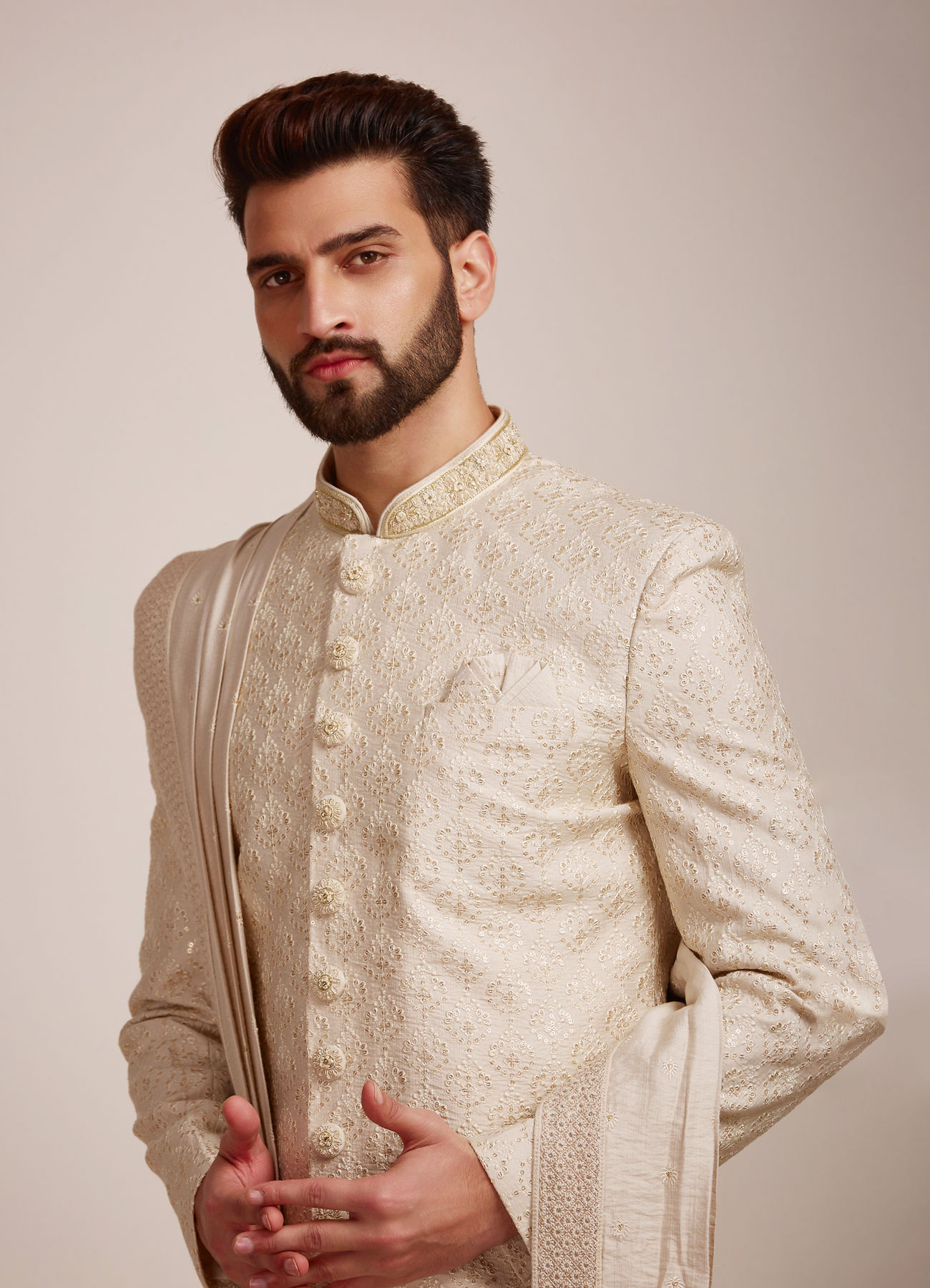 Manyavar Men Beige Biscuit Patterned Sherwani Set