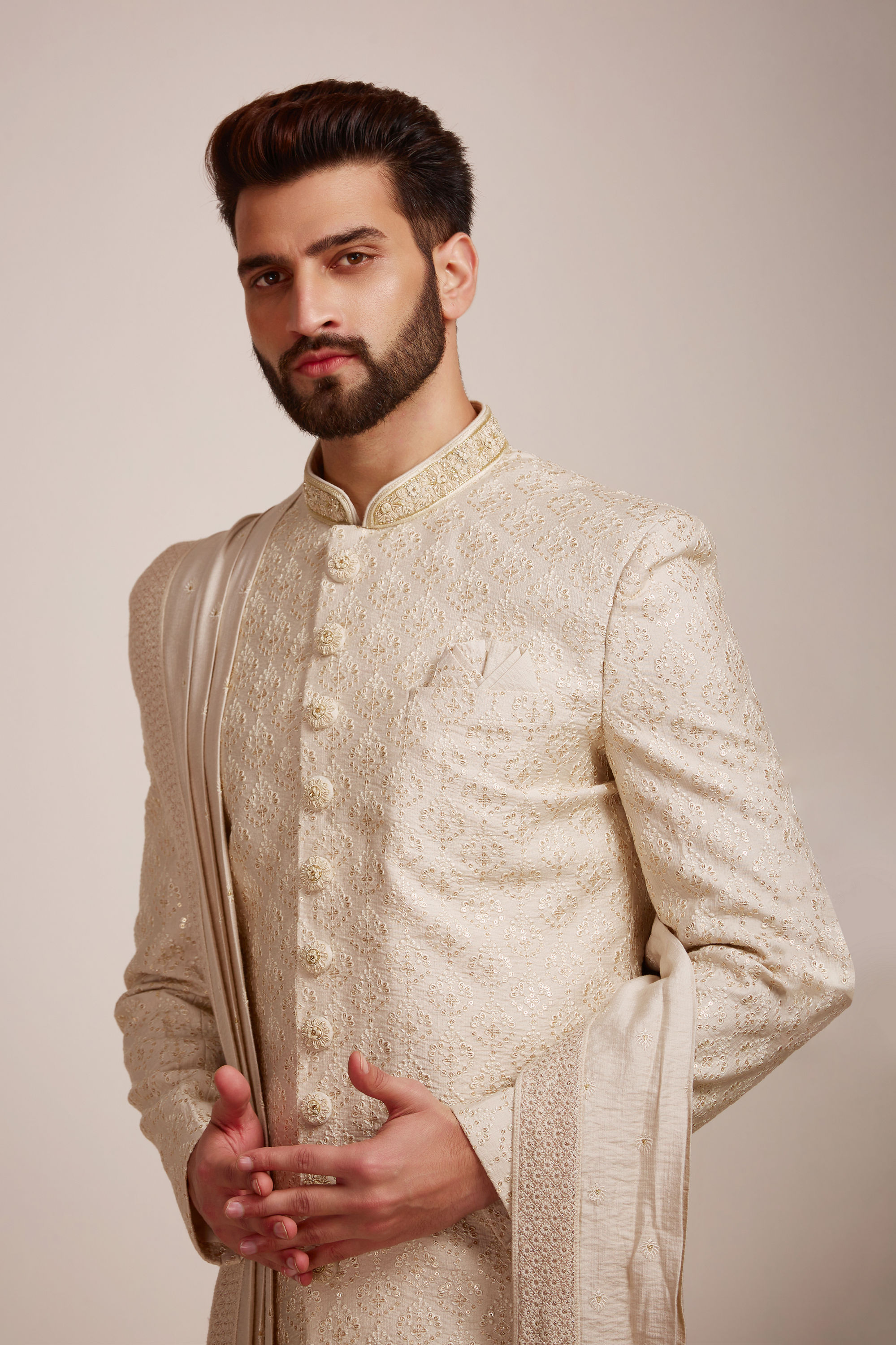 Manyavar Men Beige Biscuit Patterned Sherwani Set