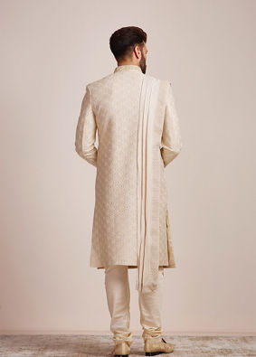 alt message - Manyavar Men Beige Biscuit Patterned Sherwani Set image number 3