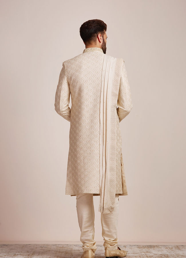 Manyavar Men Beige Biscuit Patterned Sherwani Set