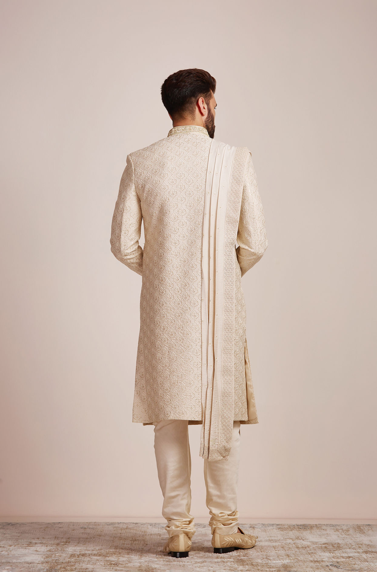 Manyavar Men Beige Biscuit Patterned Sherwani Set