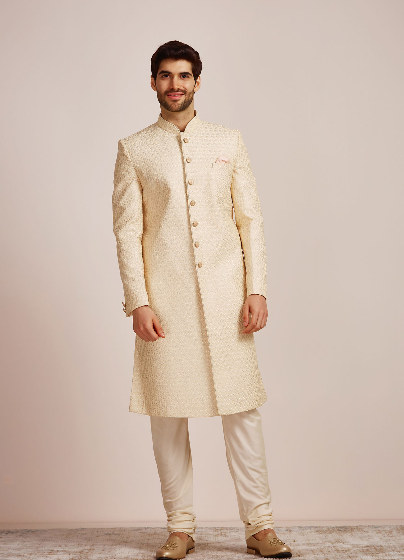 Manyavar Men Beige Biscuit Patterned Sherwani Set