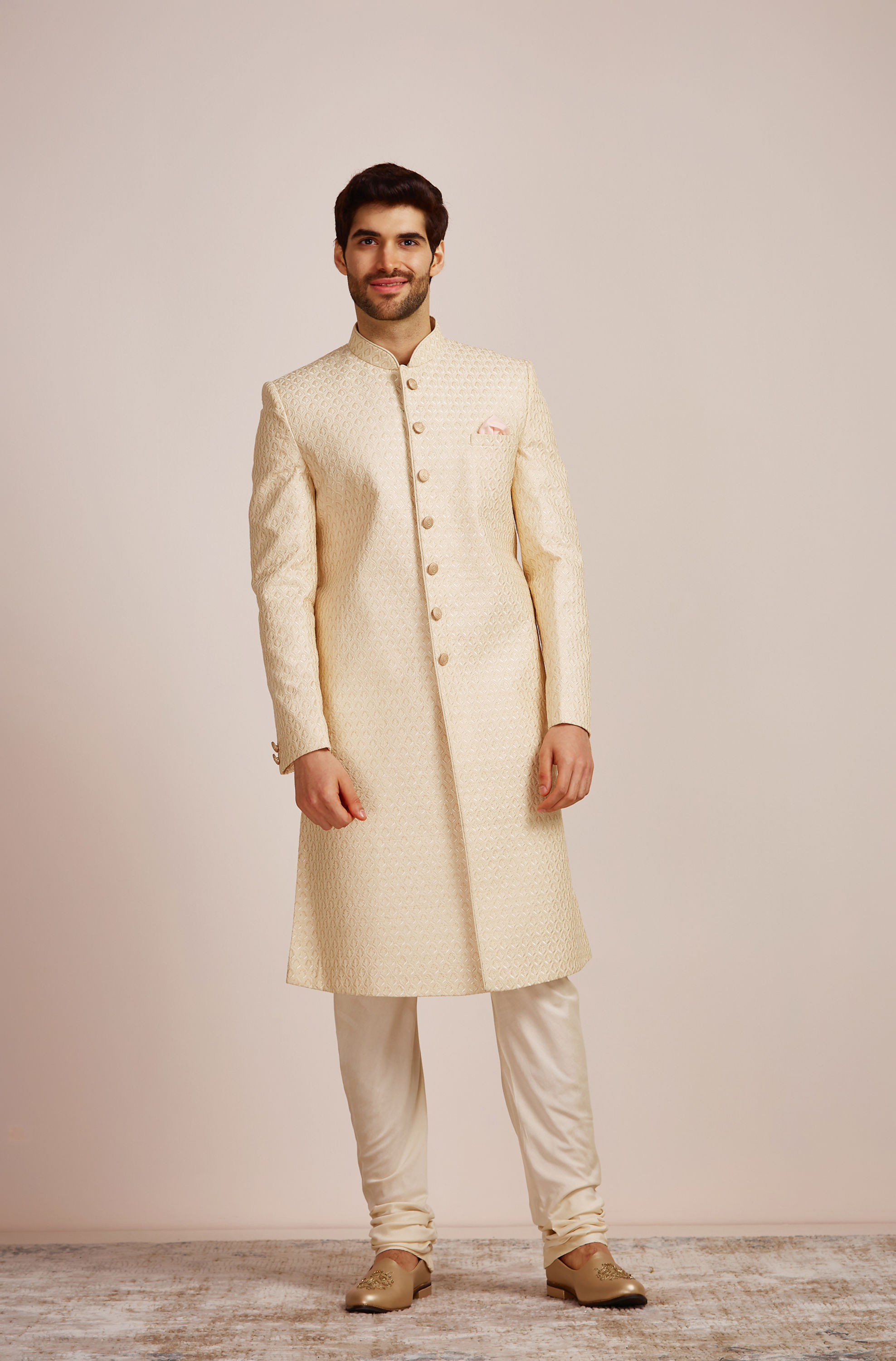 Manyavar Men Beige Biscuit Patterned Sherwani Set