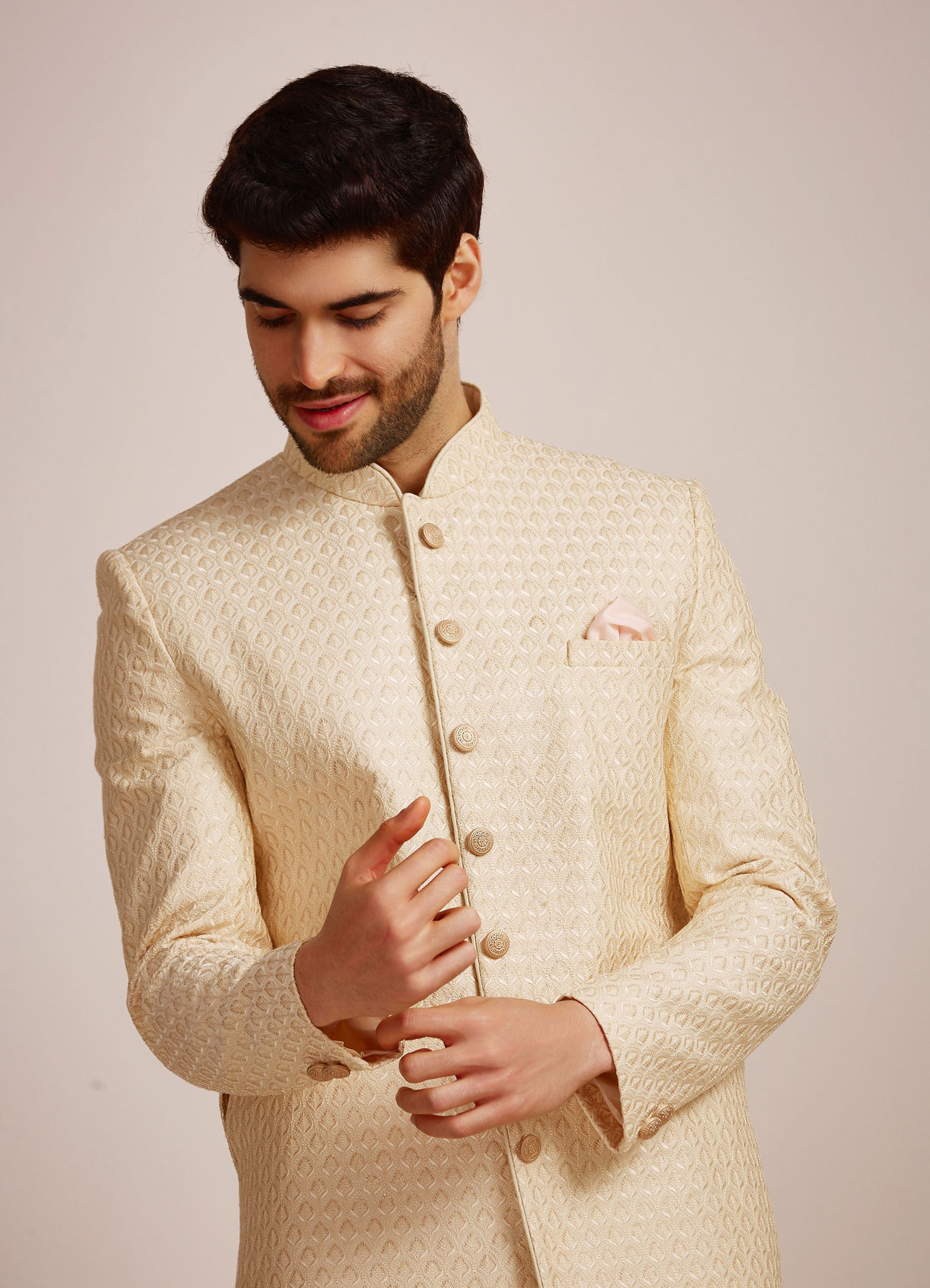 Manyavar Men Beige Biscuit Patterned Sherwani Set
