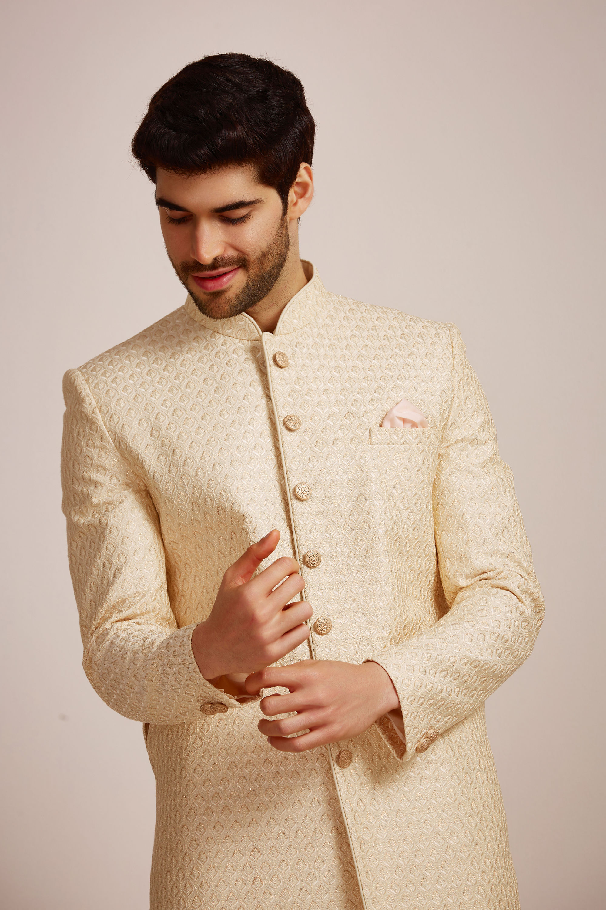 Manyavar Men Beige Biscuit Patterned Sherwani Set