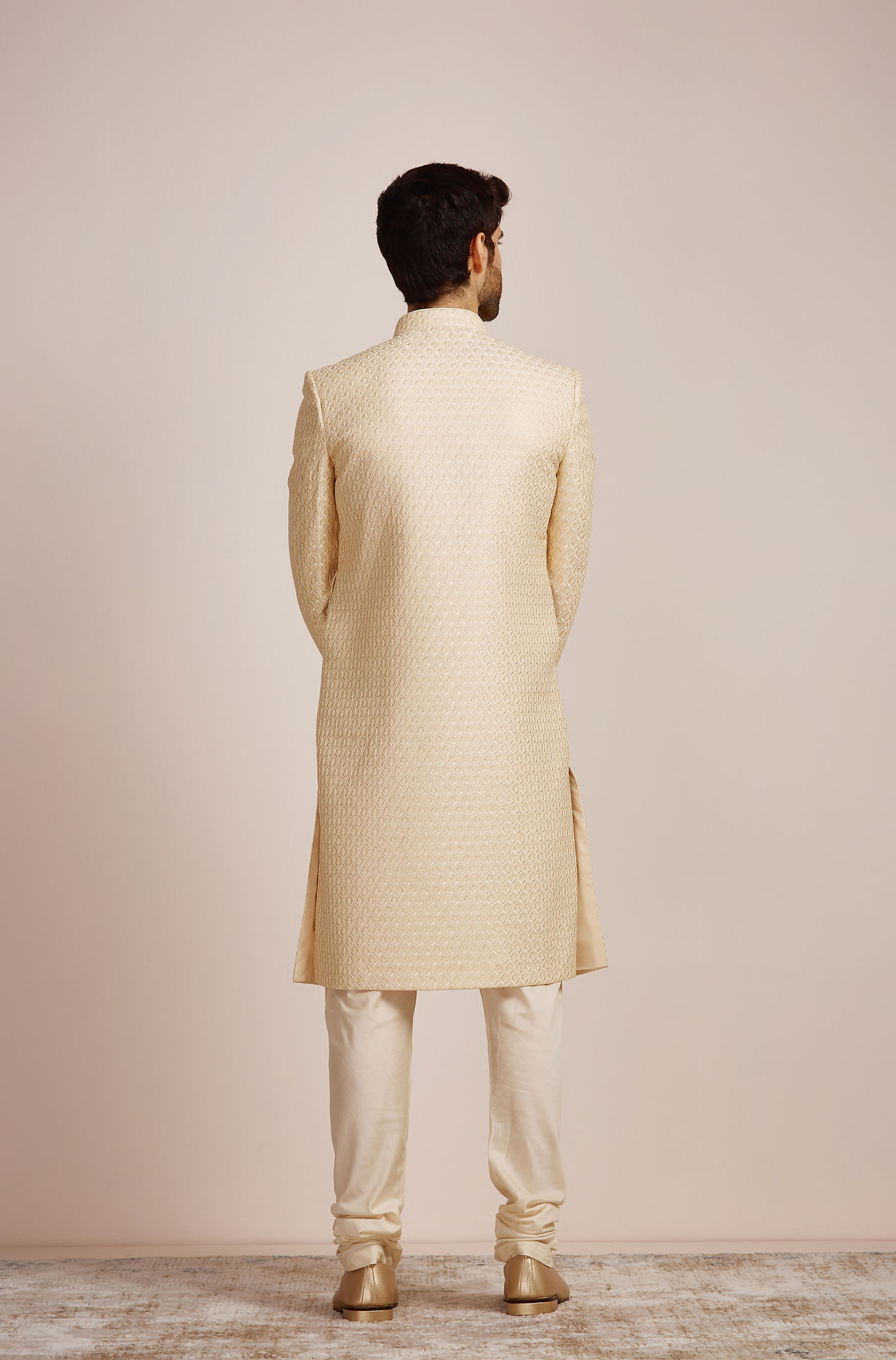 Manyavar Men Beige Biscuit Patterned Sherwani Set