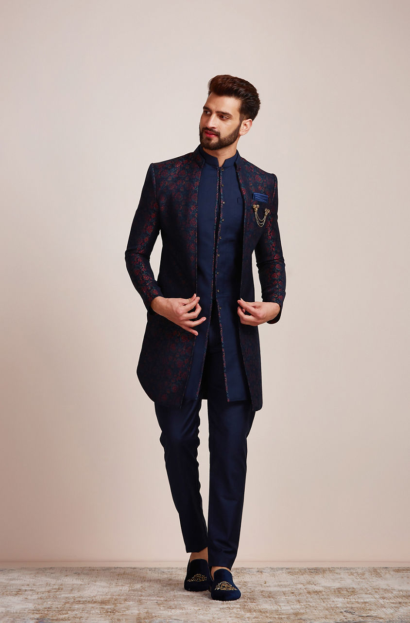 Manyavar Men Sapphire Blue Indo Western Set