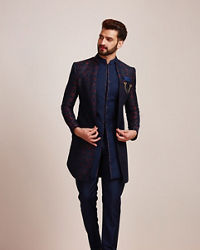 Manyavar Men Sapphire Blue Indo Western Set