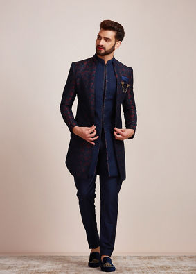 alt message - Manyavar Men Sapphire Blue Indo Western Set image number 1