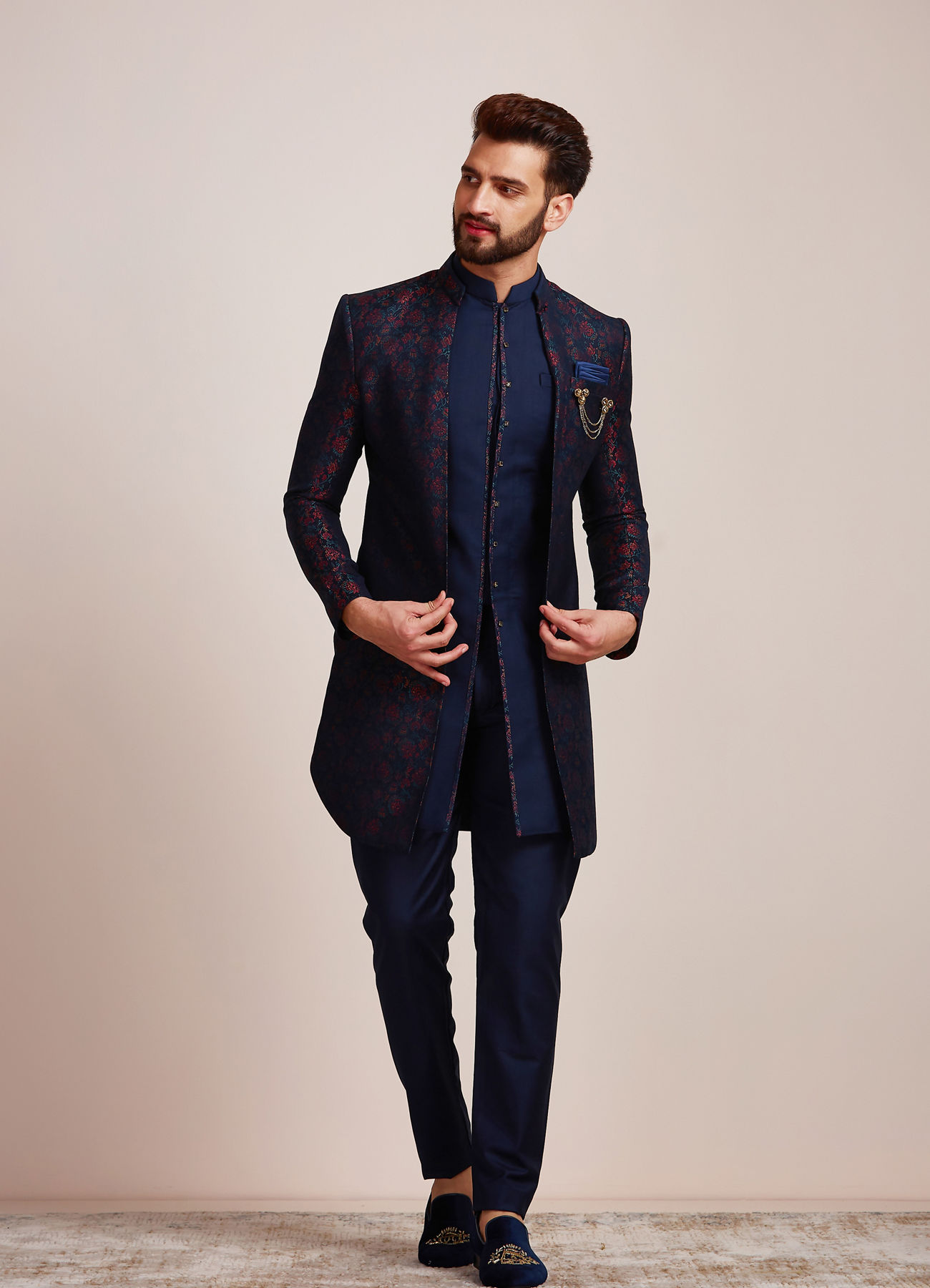 Manyavar Men Sapphire Blue Indo Western Set