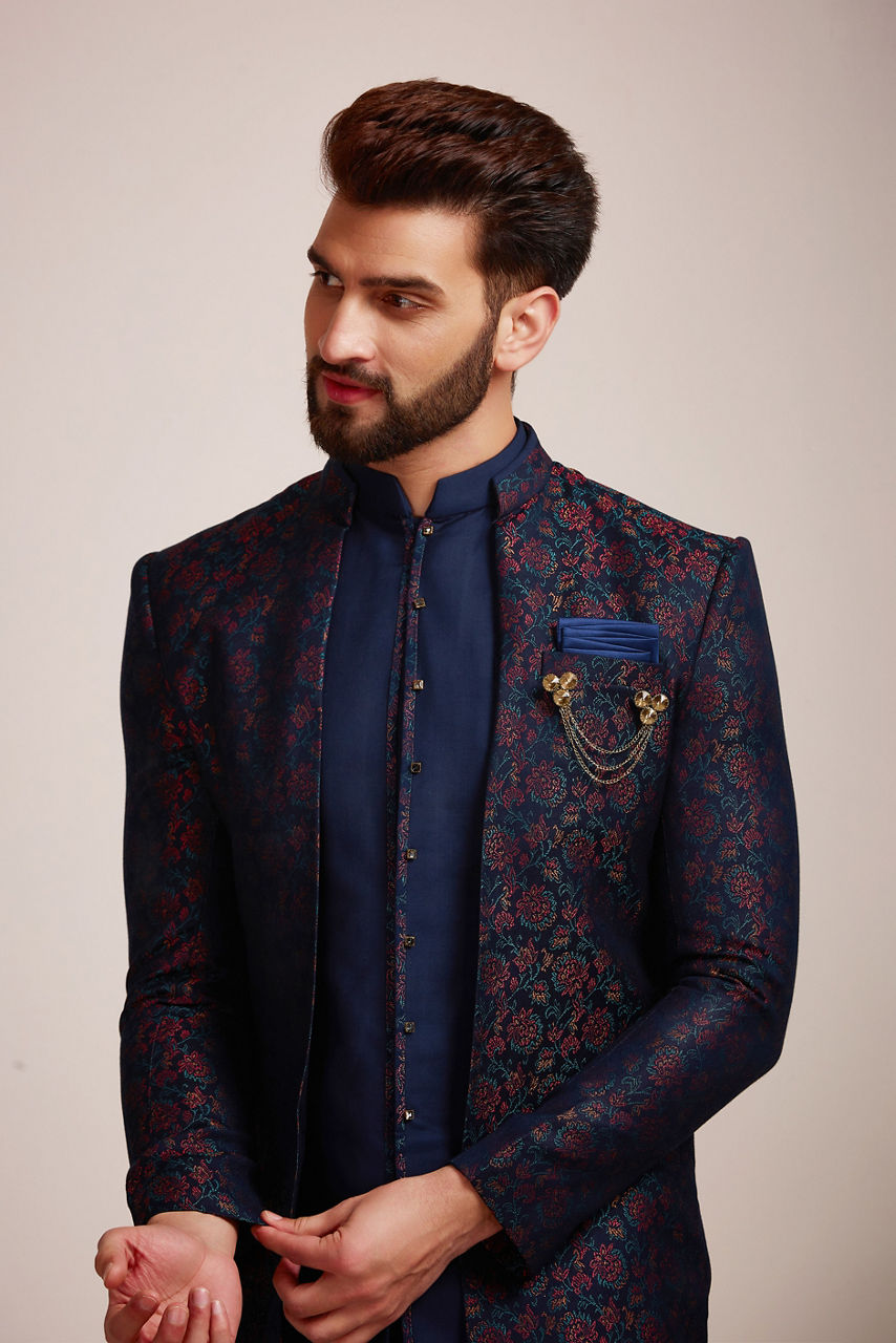 Manyavar Men Sapphire Blue Indo Western Set