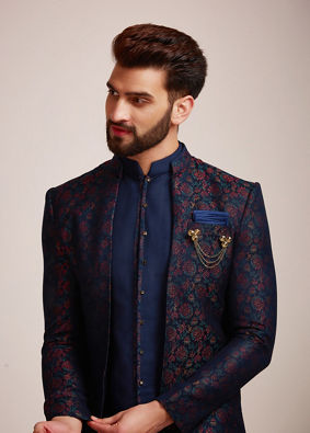 alt message - Manyavar Men Sapphire Blue Indo Western Set image number 0